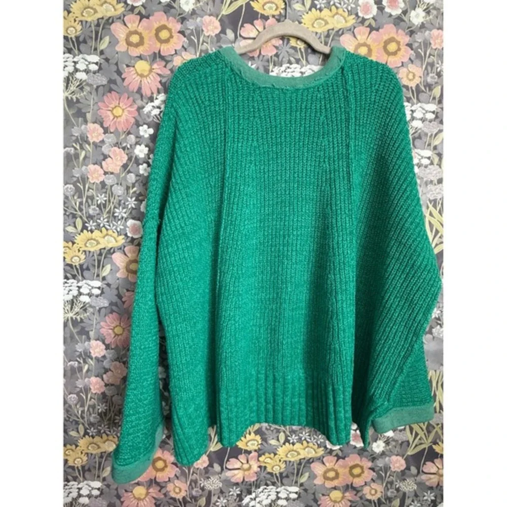 Free People Oversized V Neck Distressed Knit Sweater Teal‎ Green XS